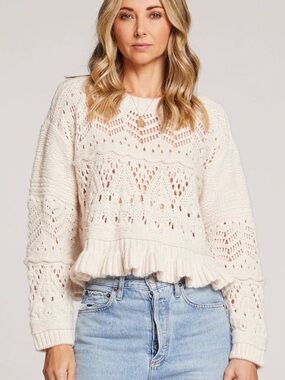 Saltwater Luxe Coco Sweater Size Small Cream Open Knit Ruffle Hem Boho NWT